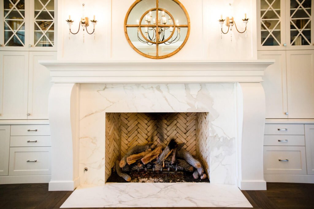 calacatta honed marble fireplace